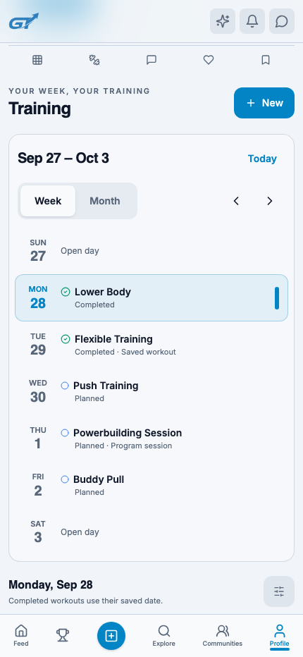 Week calendar with completed lower-body training, planned Push, and a Buddy Pull session