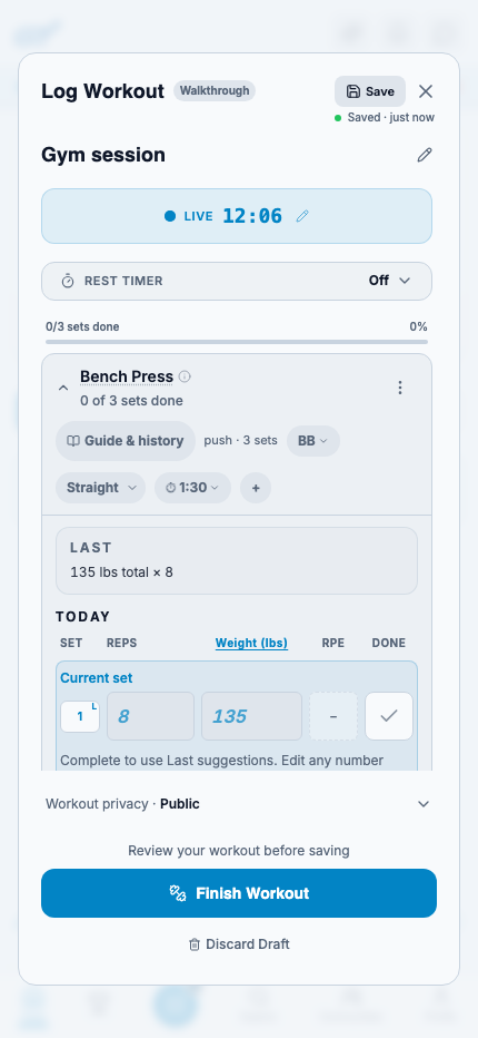 Workout logger showing last performance and today’s bench-press set, with a rest control