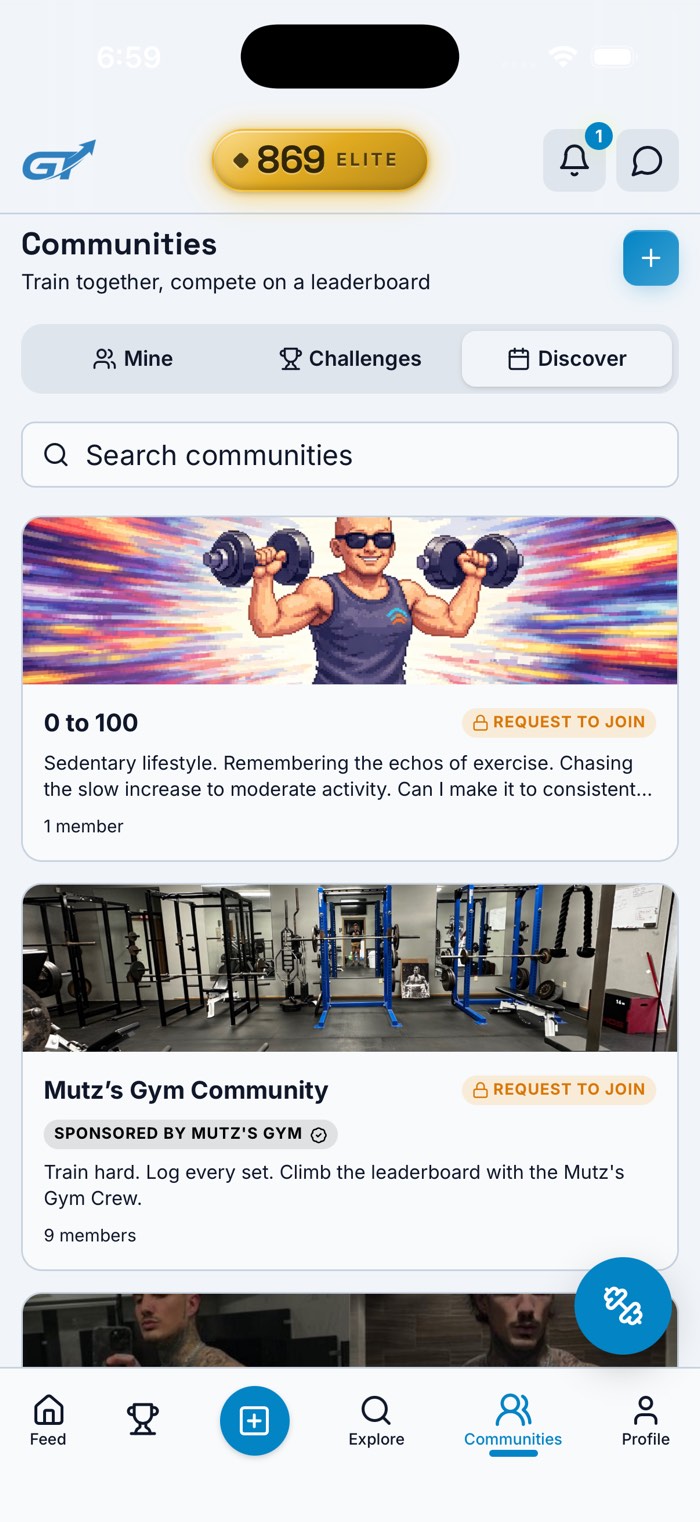 A real gym-community card, gym photograph, and request-to-join control